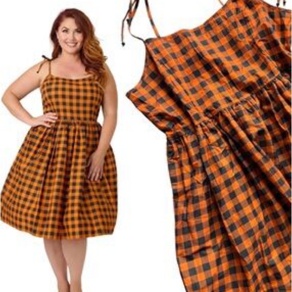 NWT Unique Vintage Orange Black Gingham Sundress